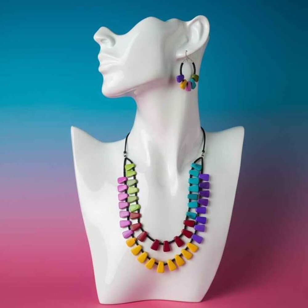 Vibrant Rainbow Beaded Statement Necklace & Hoop … - image 4